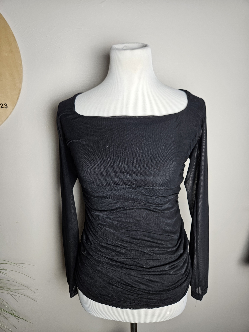 Black Ruched Long-Sleeve Square Neck Top